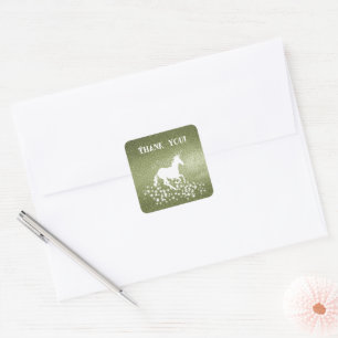 Glitter Unicorn and Stars Thank You Green Square Sticker