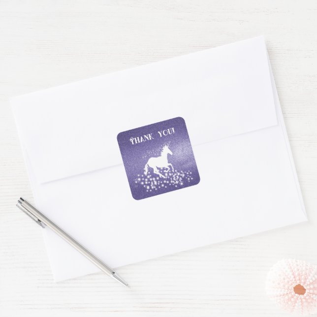 Glitter Unicorn and Stars Thank You | Purple Square Sticker (Envelope)