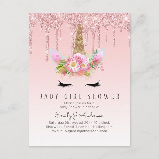 GLITTER UNICORN Baby GIRL Shower Pink Gold Postcard (Front)