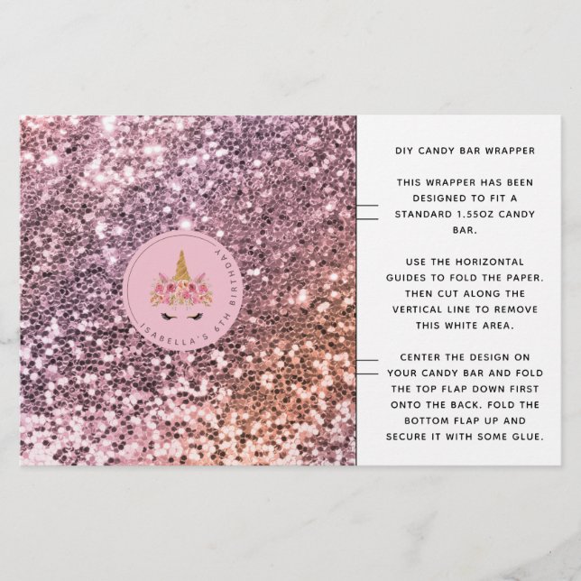 Glitter Unicorn Birthday Candy Bar Wrapper (Front)