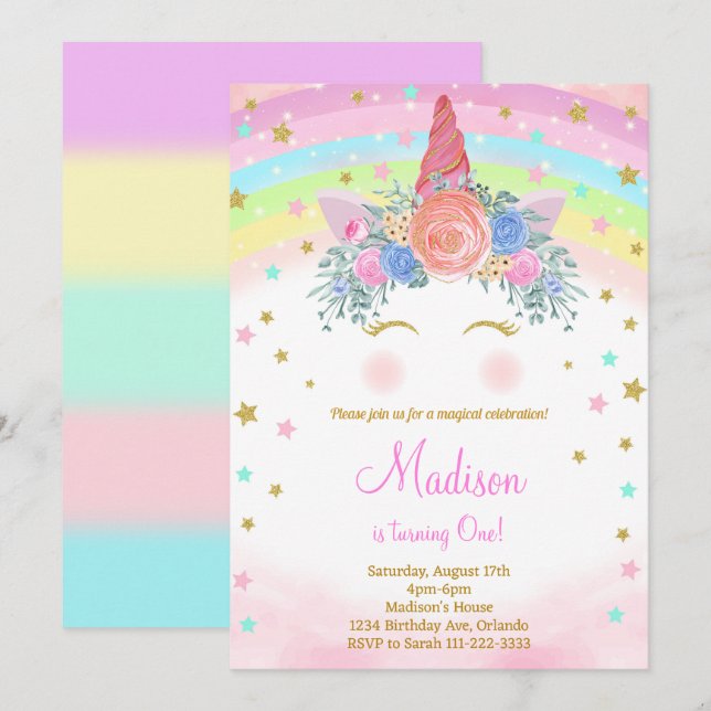 Glitter Unicorn Birthday Invitation (Front/Back)