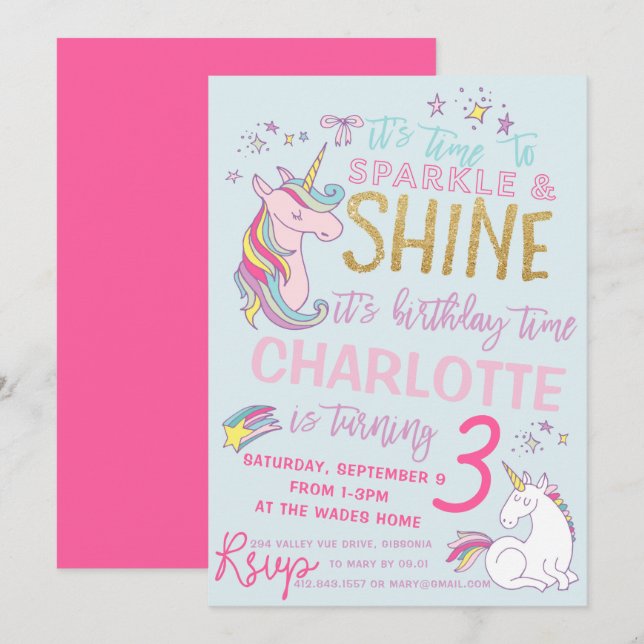 Glitter Unicorn Birthday Invitation (Front/Back)