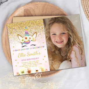 Glitter Unicorn Birthday Invitation with photo