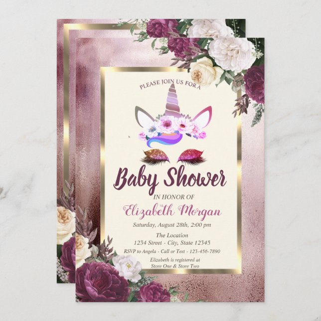 Glitter Unicorn,Bokeh,Burgundy Floral Baby Shower Invitation (Front/Back)