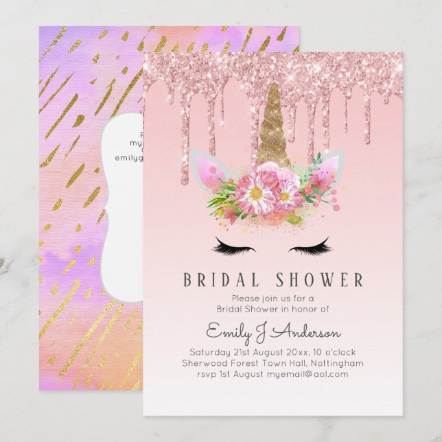 Glitter Unicorn BRIDAL SHOWER Pink Gold Dripping Invitation (Front/Back)