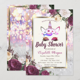 Glitter Unicorn,Burgundy Floral Baby Shower Invitation