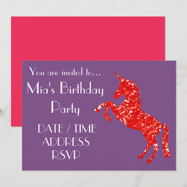 Glitter Unicorn colourful girl's birthday party Invitation (Front/Back)