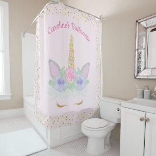 Glitter Unicorn Face Pink Gold Girls Bathroom Shower Curtain