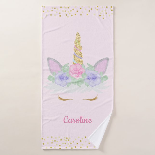 Glitter Unicorn Face Pink Gold Girls Personalised Bath Towel (Bath Towel)