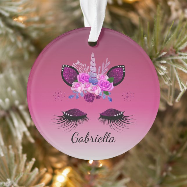 Glitter Unicorn Face With Eyelashes Personalised Ornament (Tree)
