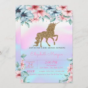 Glitter Unicorn Holographic Floral Baby Shower Invitation