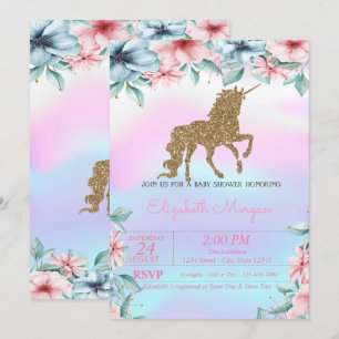 Glitter Unicorn Holographic Floral Baby Shower Invitation