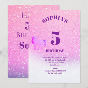 Glitter Unicorn Magical Purple Cute Birthday Invitation