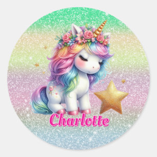 Glitter unicorn magical star classic round sticker
