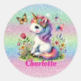 Glitter unicorn meadow wildflowers classic round sticker
