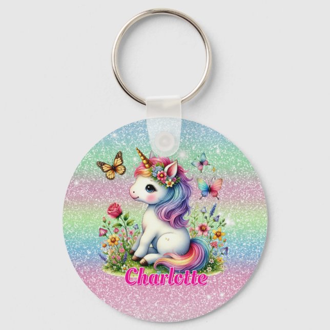Glitter unicorn meadow wildflowers  key ring (Front)
