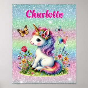 Glitter unicorn meadow wildflowers poster