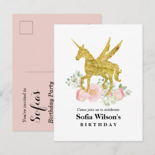 glitter unicorn party invitation postcard
