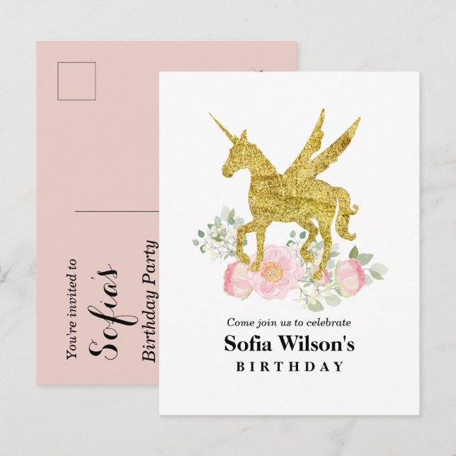 glitter unicorn party invitation  postcard (Front/Back)