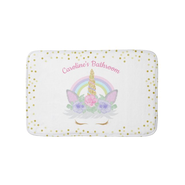 Glitter Unicorn Pink & Gold Rainbow Girl's Bath Mat (Front)