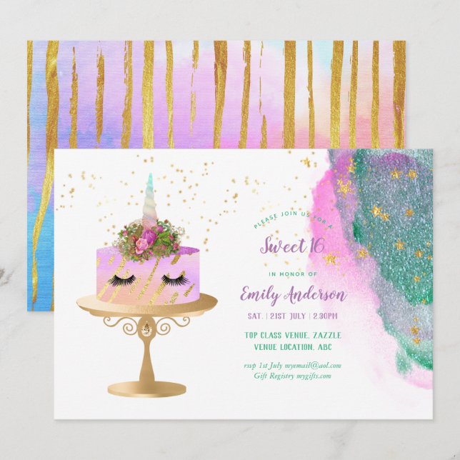 Glitter Unicorn Pink Gold Sweet 16 Trendy Girls Invitation (Front/Back)