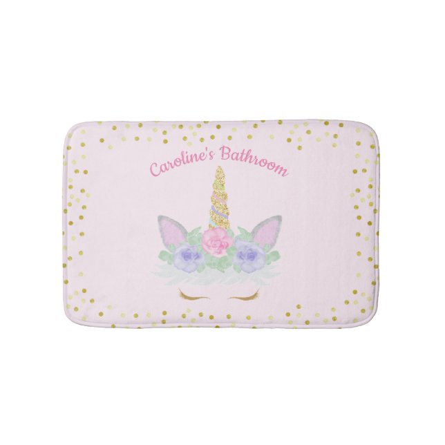 Glitter Unicorn Pink Purple Gold Floral Girl's Bath Mat (Front)