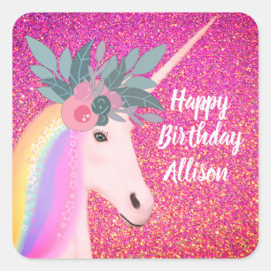 Glitter Unicorn Pink Sparkle Floral Happy Birthday Square Sticker