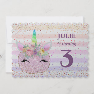Glitter Unicorn Pumpkin Girls 3rd Birthday Invitation