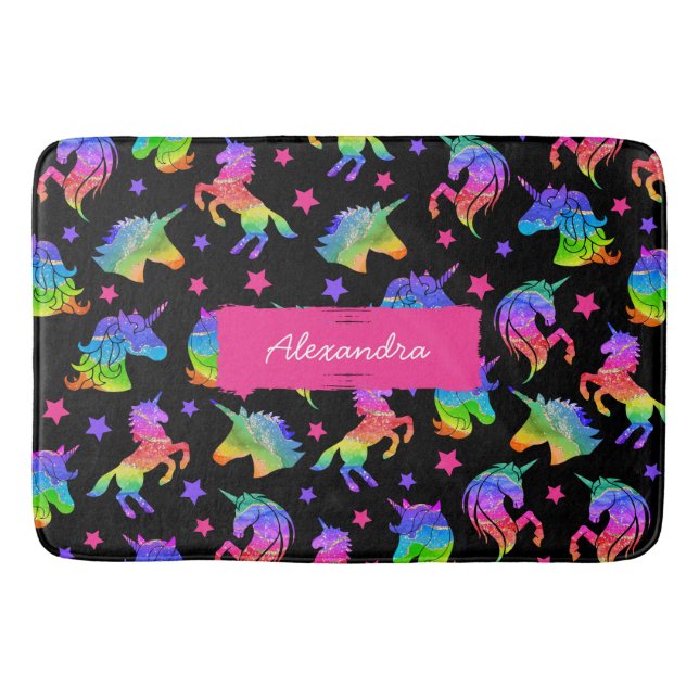 Glitter Unicorn Rainbow Pattern with First Name Bath Mat (Front)