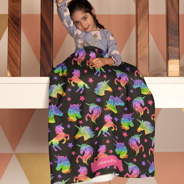 Glitter Unicorn Rainbow Pattern with First Name Fleece Blanket (Creator Uploaded)