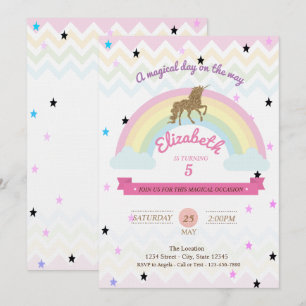 Glitter Unicorn,Rainbow Stars Birthday Invitation