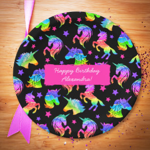 Glitter Unicorn Rainbow with First Name Birthday Paper Plate