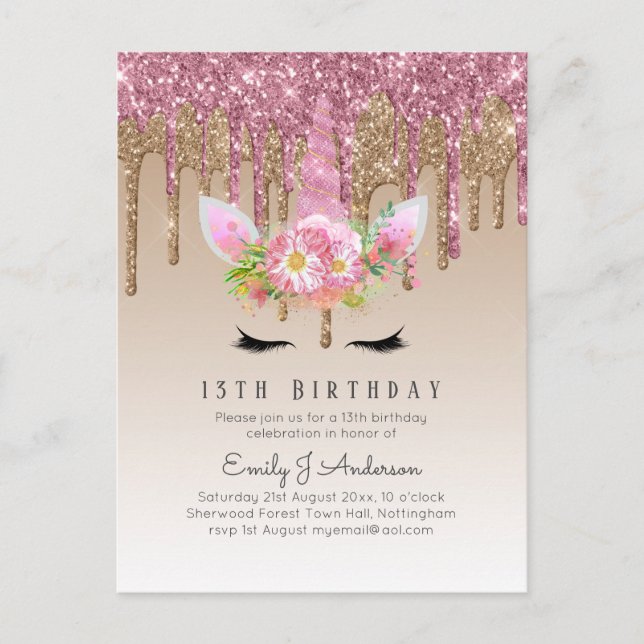 Glitter Unicorn Rose Gold Pink Dripping 13th Bday Postcard (Front)