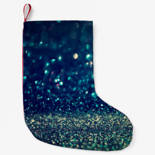 glitter vintage lights background. gold, silver, b small christmas stocking