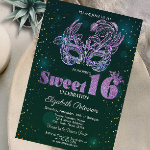 Glitter Violet Masque Green Sweet 16 Invitation