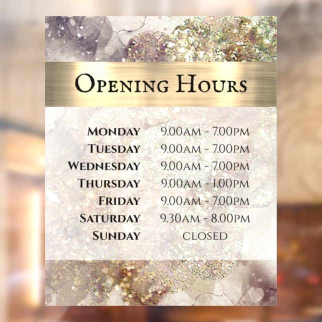 Glitter Watercolor and Foil Opening Hours Window Cling (Sheet 2)