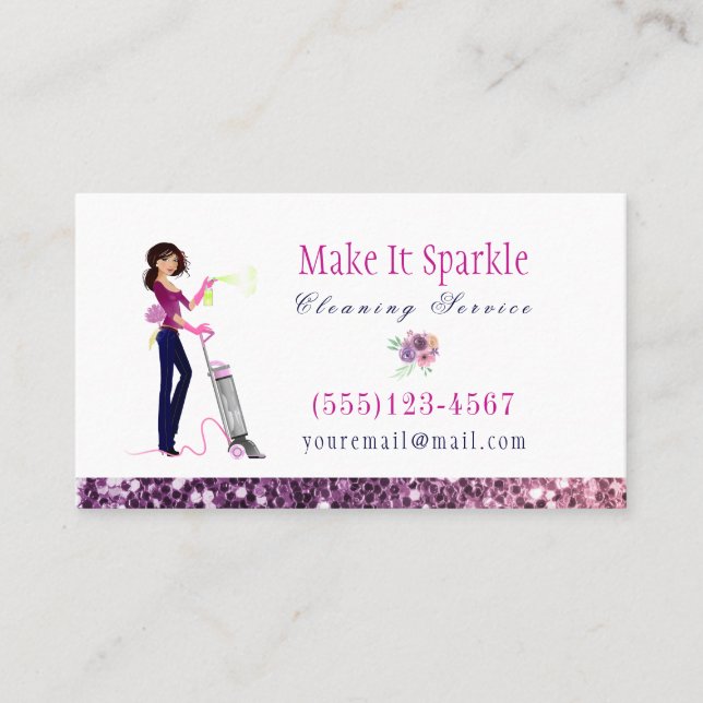 Glitter Watercolor Cartoon Maid Cleaning Services Business Card (Front)