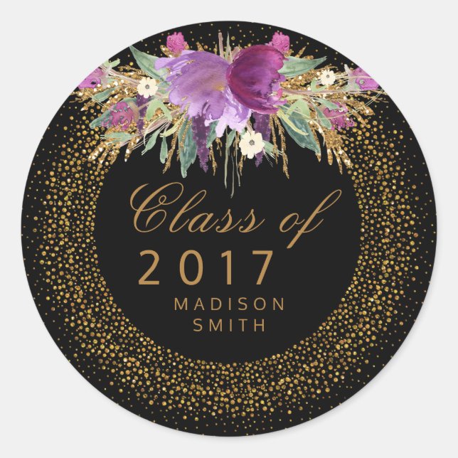 Glitter Watercolor Flower Gold Confetti Graduation Classic Round Sticker (Front)