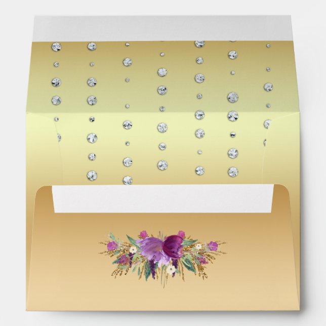 Glitter Watercolor Flowers Diamonds Gold Envelopes (Back (Bottom))
