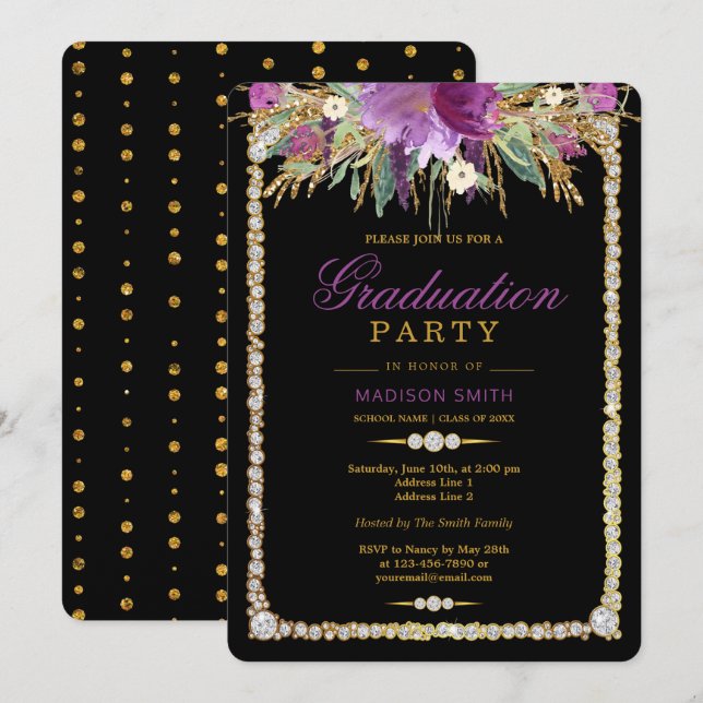 Glitter Watercolor Flowers Diamonds Grad Party Invitation (Front/Back)