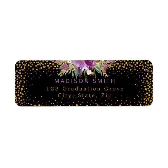 Glitter Watercolor Flowers Gold Confetti Black (Front)