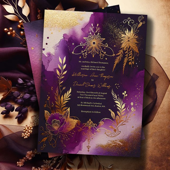 Glitter Watercolor Purple and Gold Floral Wedding Invitation (Creator Uploaded)