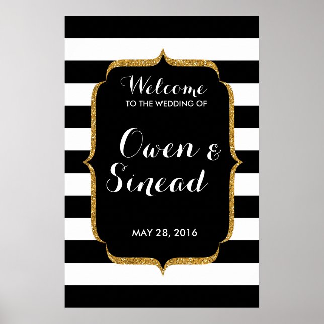 Glitter Wedding Sign on Black and White Stripes (Front)