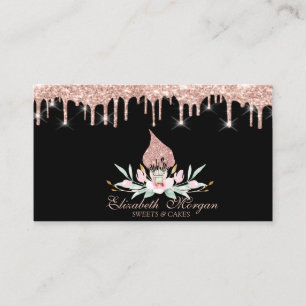Glitter Whisk Flowers Rose Gold Drips Bakery Black Business Card