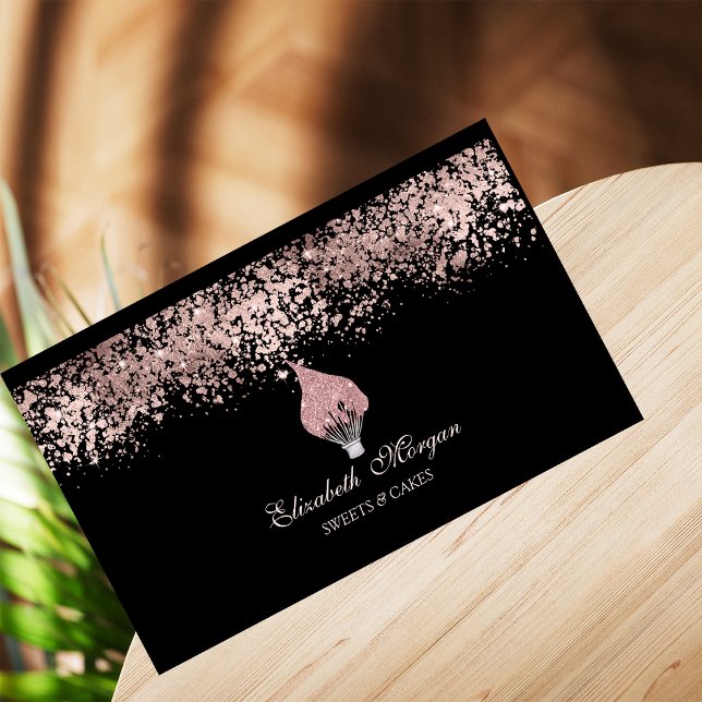 Glitter Whisk Rose Gold Drips Bakery Black Business Card (Creator Uploaded)