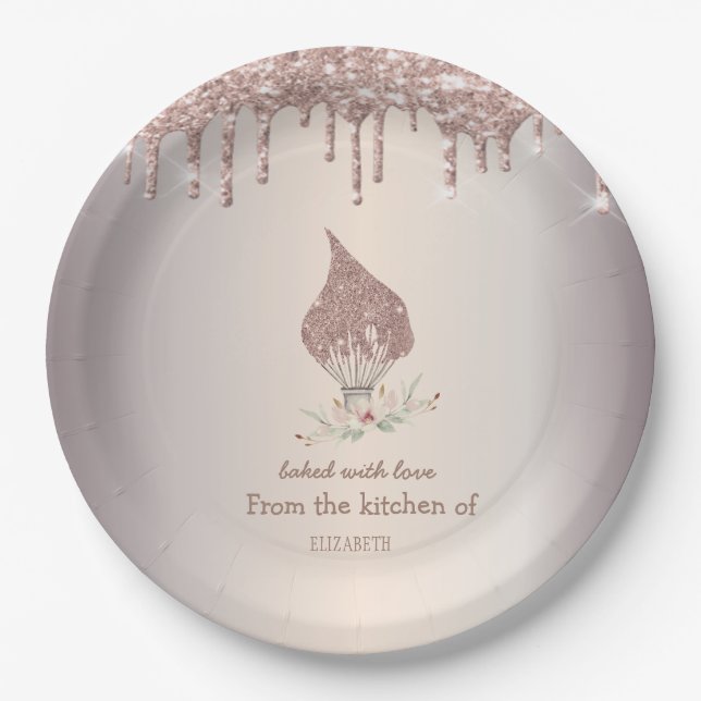 Glitter Whisk Rose Gold Glitter Drips Bakery    Paper Plate (Front)