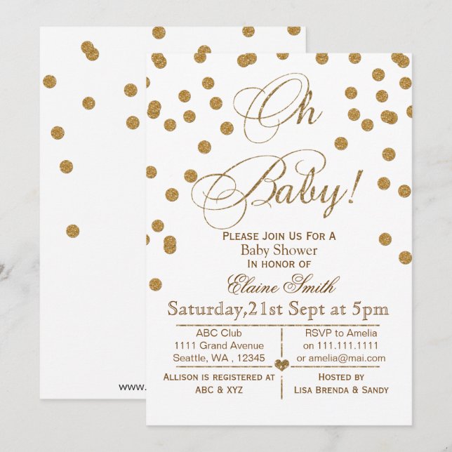 Glitter white and gold baby shower invitation (Front/Back)