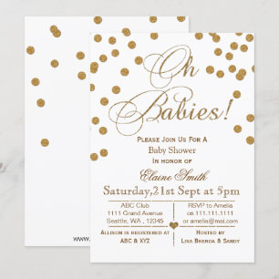 Glitter white and gold  twins baby shower invitation