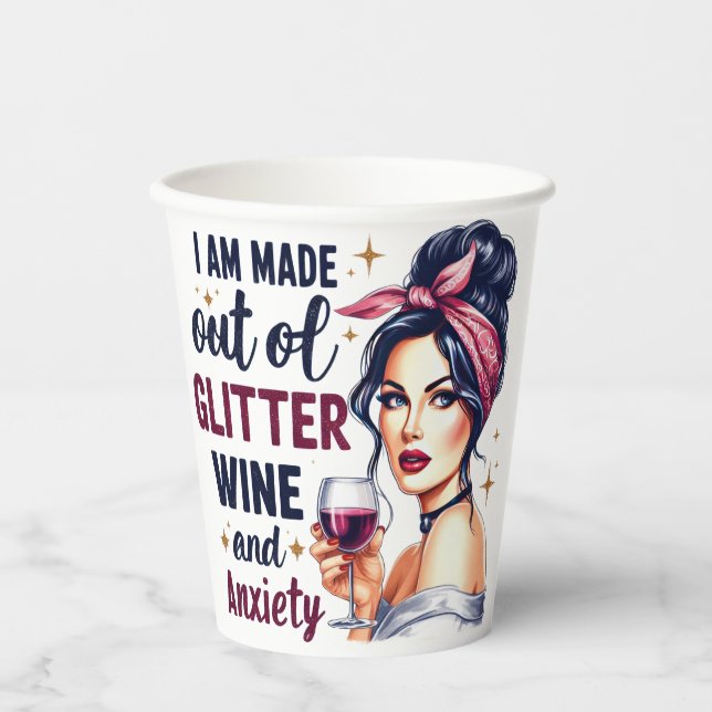 Glitter, Wine, and Anxiety Retro Girl Paper Cup (Front)