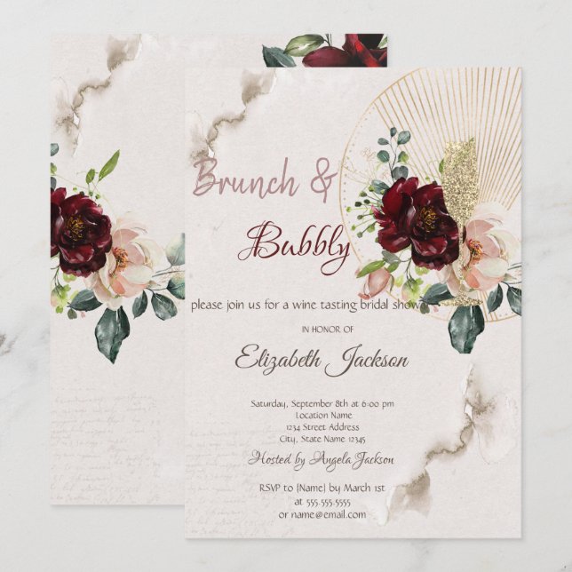 Glitter Wine Glass Burgundy Flower Bridal Shower   Invitation (Front/Back)